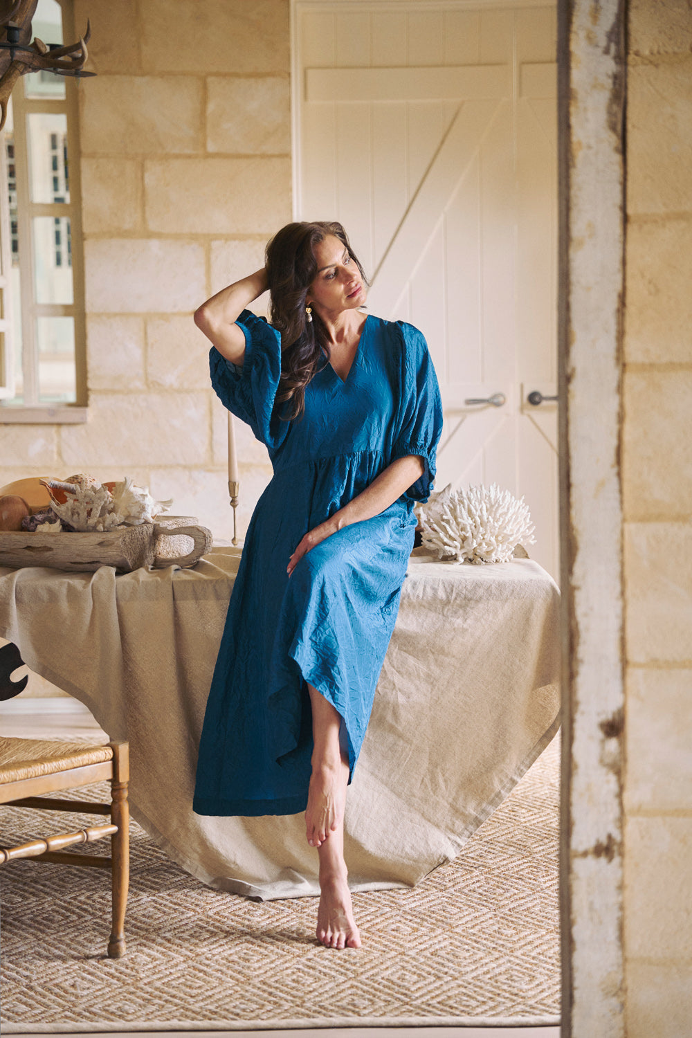 Gathered Sleeve Silk Dress - Teal